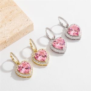 Luxury Stud Zircon Inlaid Pink Peach Heart Pendant Gold Earrings Jewelry For Womans Party Fashion Accessories
