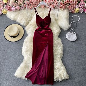 Spring Women Velvet Suspender BH Dress Slim Show Atmosphere Celebrity Temperament Fashion Split Virtual Party Clothing 220608