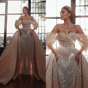 Luxuriöses Meerjungfrau-Hochzeitskleid aus der Schulter, glitzernde Pailletten mit abnehmbarer Schleppe, Kleid mit Perlen, Kleider für Frauen, Robe De Soiree