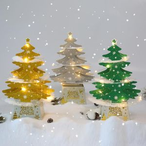 Juldekorationer mini Desktop Christmas Tree Ornaments Shiny 3D Pop-Up Card With Lights Xmas Decoration SN4761