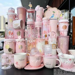 Starbucks Cherry Blossom Cup Gradient Pink Cherry Blossom Blooming Mugg Glass Straw Thermos Cup Pot Cover Bag