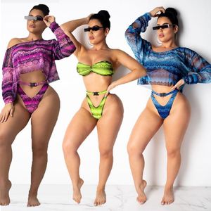 Chiffon Mayo 2022 Yaz Kadın Yılan Baskı Üç Parça Takım Set Brezilyalı Seksi Plaj Kapak Plaj kıyafeti Kadınların Takipleri