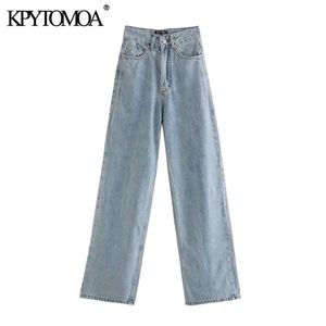 KPYTOMOA Kvinnor Fashion Side Pockets bleknade breda ben Jeans Vintage Hög midja Dragkedja Fly Denim Kvinnliga byxor Mujer 210302