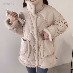Qingwen 2022 Новая зимняя куртка Женская мех, сшивая куртку, свободная женщина короткая повседневная теплая буферная куртка Snow Parka Runaway L220725