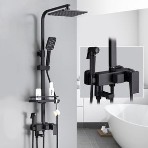 Svart mässing Duschkran Set Rainfall Bathtub Tap med badrumshylla 4 Funktioner Höjd Justera Dusch Mixer Crane Fast Delivey