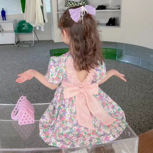 Summer Baby Girls Casual Sukienki Ruffles bez pleców Bowknot Princess Sukienki dla dzieci kwiaty bawełniane sukienki