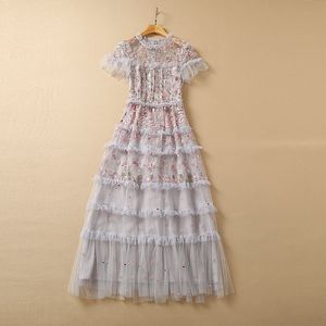 European and American women's summer 2022 new Short sleeve stand collar flower embroidery Fashion gauze pleated dress XXL