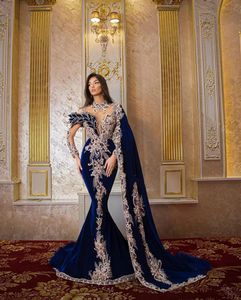Kraliyet Blue Velvet Denizkızı Gece Elbise Boncuklar Uzun Kollu Yüksek Boyun Doğum Günü Partisi PROM KOPLİKLERİ SAWLED GÜNLÜK