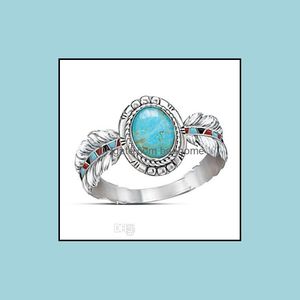 Band Rings Jewelry Ready Stock Luxurious Oval Turquoise Gemstone Ring Womens Bohemian Feather Style Sier Gifts For Party Anniversary Dro