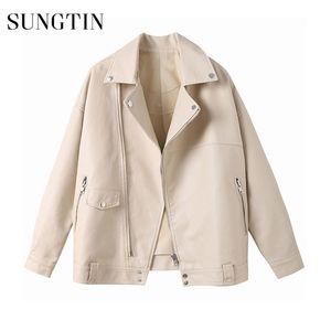 Sungtin Autumn Beige Faux Leather Cashet Women Women Casual Oversized Motorcycle Biker Coat de couro fêmea feminina Pu macio solteira 210908