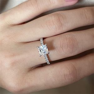 Klarer, luxuriöser quadratischer Ring aus 925er-Sterlingsilber, Eheringe, Diamant-Prinzessin, mit Box für Frauen, Verlobung, Vorschlag für Brautringe, Schmuck, Freund, Geschenk, Größe 6–10, Großhandel