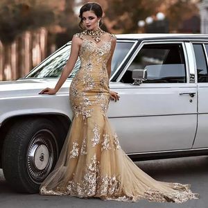 Long Luxury Mermaid Evening Dresses High Neck with Sleeveless Sweep Train Appliques Tulle Prom Gowns Elegant Party Maxi Dress307e