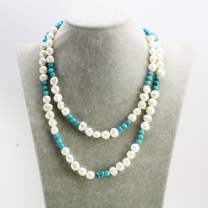 Hand knotted necklace natural 8-9mm white baroque freshwater pearl and turquoise necklace 42inch