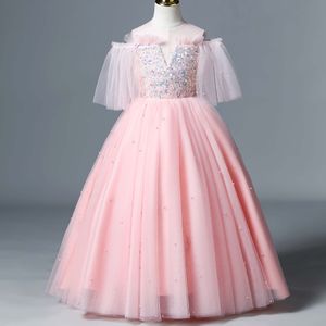 2022 blingbling wunderschöne rosa Blumenmädchenkleider für Hochzeiten mit Pailletten, hübsche formelle Mädchenkleider, niedliches Satin-Puffy-Tüll-Festzugskleid für den Frühling