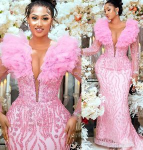 Plus Size Arabic Aso Ebi Pink Mermaid Luxurious Prom Dresses Sheer Neck Evening Formal Party Second Reception Birthday Engagement Gowns Dress ZJ211