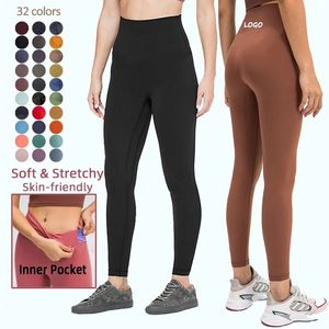 Bolsillos Legging al por mayor-LU pantalones de yoga de Color sólido para mujer mallas deportivas de cintura alta para gimnasio mallas elásticas para mujer mallas completas para entrenamiento