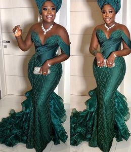 2022 Plus Size Arabic Aso Ebi Mermaid Hunter Green Prom Dresses Lace Tiers Evening Formal Party Second Reception Birthday Engagement Gowns Dress ZJ664