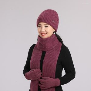 Beanie/Kafatası Kapakları Kadın Kış Şapkası Kalın Sıcak Yün Kapı Scarf Eldivenleri Set Moda Zarif Kürk Örtüsü Lady's Hediye Böcek/Kafatası Elob22