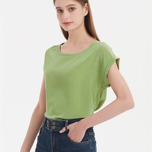 SuyaDream Woman Silk Tee 100%Real Bat Sleeved Solid Candy Colors O Neck T Shirt Summer Top 220407