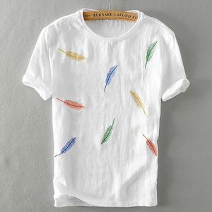 メンズTシャツ夏のメンズリネンTシャツクラシックラウンドネックルースカジュアルホワイトTシャツメンズショートスリーブ刺繍Tシャツメンズカミザメ