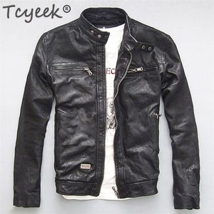 Chaqueta de cuero genuino de 100% para hombre, chaquetas de motociclista de bombardero negro marrón de oveja Real para hombre, ropa para hombre de primavera y otoño 220810