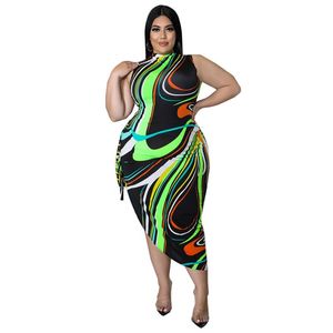 Plus Size Dresses Women Sleeveless Turtleneck Bodycon Midi Tank Dress Wave Striped Print Side Hollow Out Asymmetrical Hem ClubwearPlus