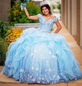 Himmelblå ruffles applikationer quinceanera klänningar boll klänning prinsessa älskling söt 16 klänning vestidos de 15 aos