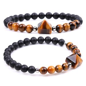 Handmade Gemstone Matte Black Onyx Bead Strand Chakra Bracelet para Homens Mulheres Cura Cristal 10mm Pirâmide Grânulos Bangle Jóias