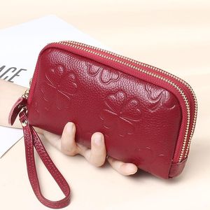 Portfele Moda Tłoczenie Kwiaty Kobiety Długi Portfel Oryginalna Skóra Podwójna Zipper Wristlet Bag Lady Sprzęgła Telefon Purse Cowhide Telefon