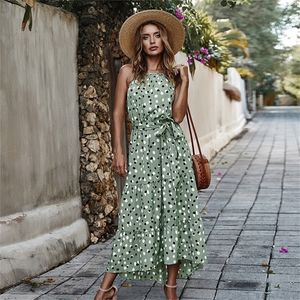 New Fashion Ladies Boho Dress ALine ONeck Sleeveless Bow Sashes Maxi Dess Women Foral Printed Summer Dress Vestidos De Verano T200604