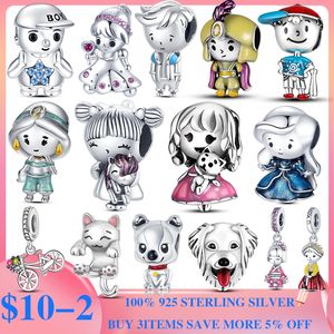 925 Sterling Silver Dingla Charm Liten flicka Pojke Charm Prinsessan Prins Hund Katt Pärlor Bead Fit Pandora Charms Armband DIY Smycken Tillbehör