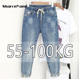 Spring summe Large Size Mom Jeans woman Elastic High Waist Baggy For Women Ripped Pants Female Loose Harem Plus 220402