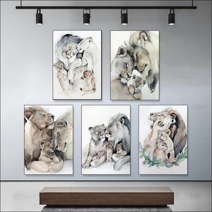 Aquarela Família Happy Lion Tela pintando pôsteres de retratos de animais e impressões de arte de parede para decoração da sala de estar