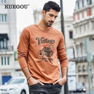 KUEGOU 100% cotton Mens t shirt long sleeve Spring fashion leisure Tshirt printed round neck Brand tshirt men top ZT7773 201116