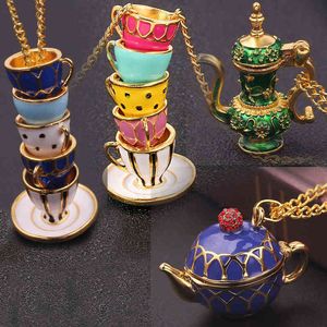 2022 New Hand Made Sweater Chain Clothing Accessories Long Necklace Enamel Jewelry Tea Cup Necklace Pendant Woman Y220523