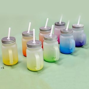 430ml Sublimation Glass Mason Jar with Handle Gradient Glass Tumblers Thermal Transfer Water Bottle Colorful Sublimated Cups by sea BBA13004