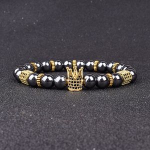 Pulseras de cuentas de hematita Vintage para hombres y mujeres, pulseras de bola de corona de circón negro de lujo para hombre, nueva joyería curativa, pulsera de regalo