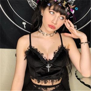 Velvet Y2K Mall Goth Crop Tops Black Lace Trim Emo Alternative Aesthetic Crop Tops Women Backless Sexy Strap Tanks 220531