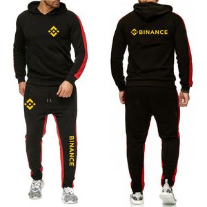 Menas de tracksuits masculinas Binância Crypto 2022 Mangas sólidas masculinas Mangas compridas Duas peças conjuntos de trajes de capuz com capuz calças calças casuais cl.