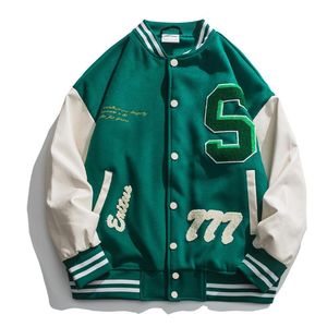 Мужская куртка High Street Baseball Jacket Мужские кожа кожа сплайсинга полотенце вышивки университет винтаж свободный причиной пара зеленые куртки.