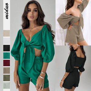 Baumwolle Leinen Frauen Crop Top Mit Shorts Set 2022 Sommer Neue V-ausschnitt Spitze Up Strickjacke Hohe Taille Kurzen Sets Damen sexy Hause Anzug