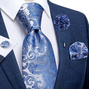 Blue Silver Paisley Neck Ties For Men 8cm Wide Silk Wed Tie Pocket Square Cufflinks Set Brooch Christmas Gifts