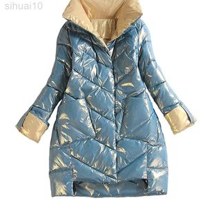 Bawełniana kurtka Kobiety zimowy brokat metalowy kolor długim rękawem luźne gęste ciepłe żeńskie płaszcz elegancki płaszcz l220730