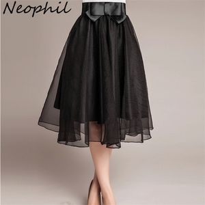 Neophil Vintage Black Pink Tulle High Waist Bow Midi Skirts Girls Women Organza Mesh Pleated Ball Gown Fluffy Jupes S08014 210311