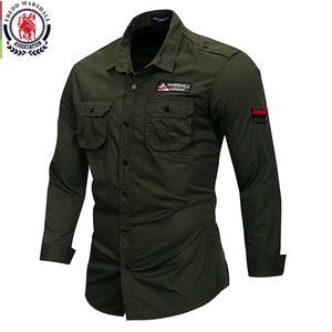 Fredd Marshall 100% algodão camisa militar homens manga longa camisa casual camisa de vestido masculino camisas de trabalho com bordado 115 220401