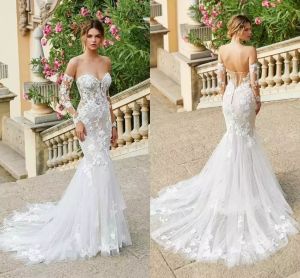 2022 Sweetheart Mermaid Bröllopsklänningar Utsökt Lace Appliqued Sweep Train Bohemian Bridal Dress Sexig Backless Långärmad Garden Brides Vestidos de Novia