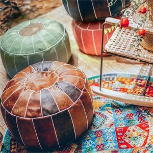 Moroccan Cushion Round PU Leather Home Decor Craft Floor Seat Hassock Ottoman Footstool Large Unstuffed Sitting Pillow 201226