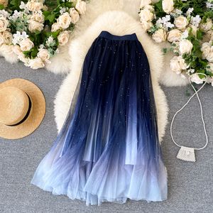 Neue frauen frühling sommer elastische taille gaze mesh farbverlauf plissiert shinny bling midi lange große erweiterung rock