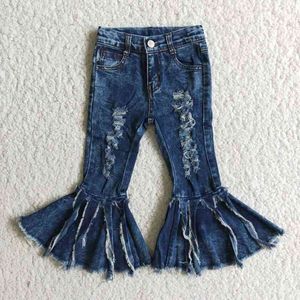 Großhandel Baby Mädchen Herbst Outfit Denim Doppel Jeans Bell Bottom Kinder Kinder Kleinkind Ausgestellte Knopf Doppel Hosen Zerrissene Jeans AA220316