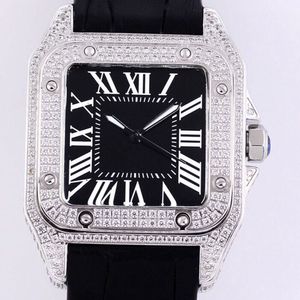 Mens Watch Otomatik Mekanik Saatler 51x39x11.5mm Rhinestones ile kakma Su geçirmez 50 metre Cowhide Strap Montre de Luxe